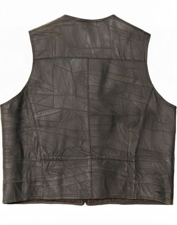 Vintage Herre Læder Utility Gilet UK 46 3XL Sort Patchwork