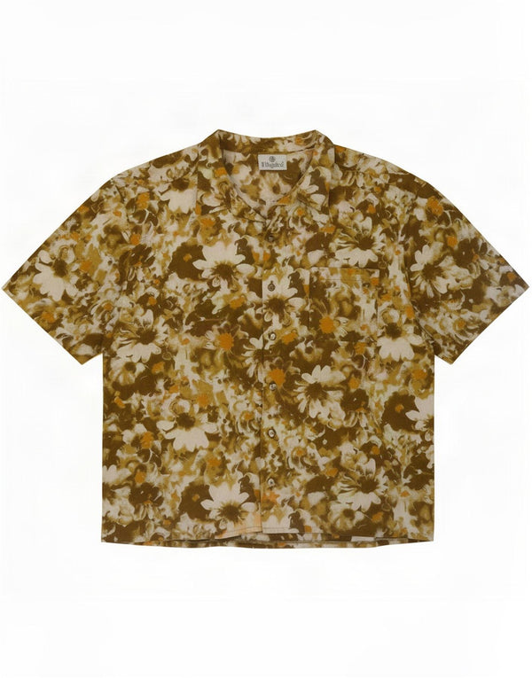 Vintage Kortærmet Herreskjorte Stor Khaki Blomster