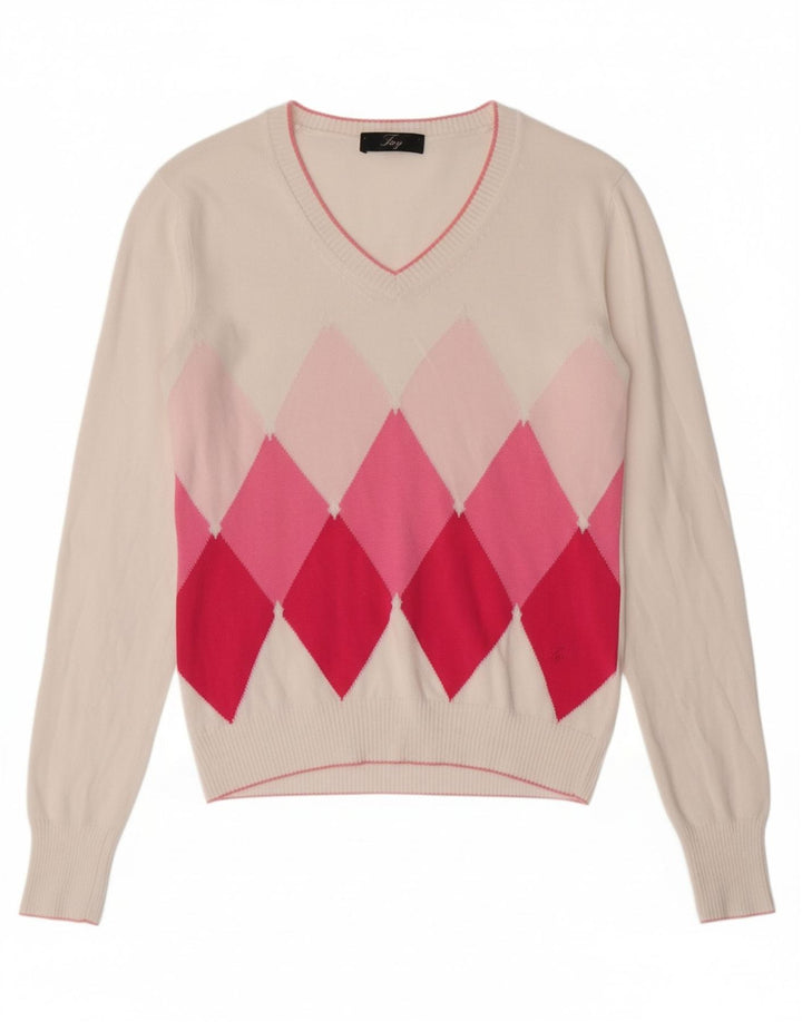 FAY Womens V-Neck Jumper Sweater UK 10 Small White Argyle/Diamond Cotton Vintage Fay and Second-Hand Fay from Messina Hembry 