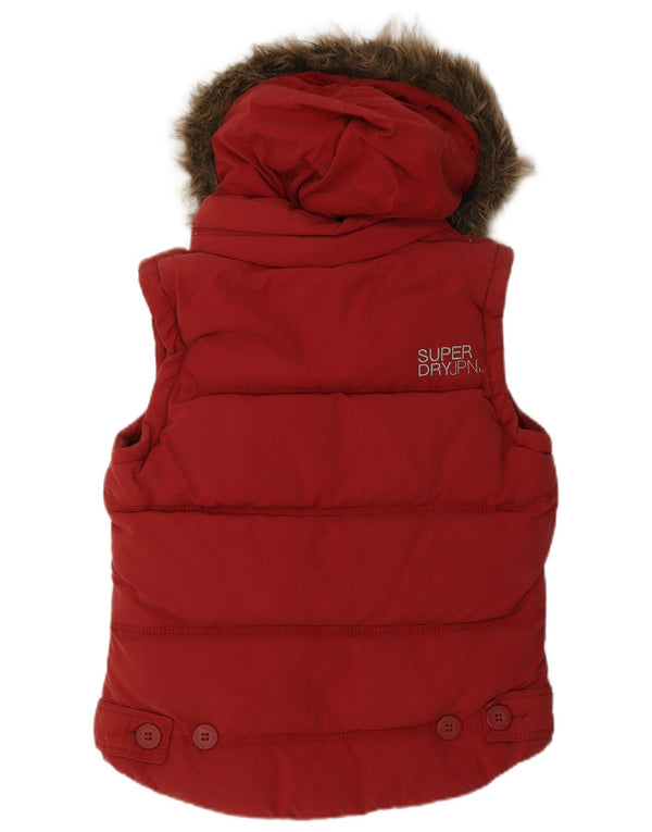 Superdry Dame Hætte Polstret Gilet UK 14 Medium Rød Bomuld