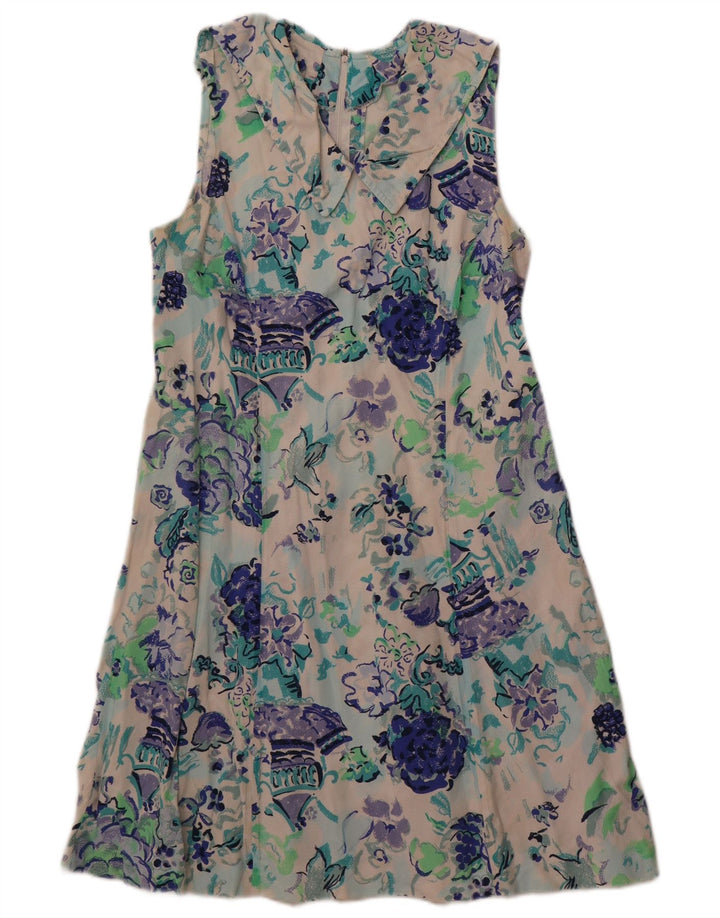 Vintage Kvinders Ærmeløs A-Line Kjole UK 12 Medium Off White Floral