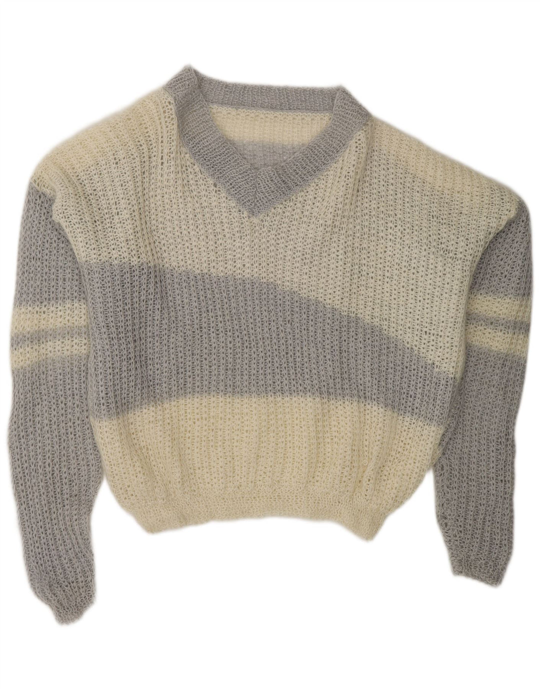 VINTAGE Dame V-hals sweater UK 20 2XL Off White Colourblock