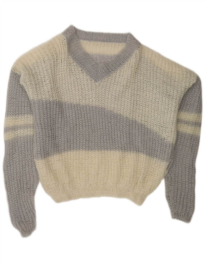 VINTAGE Dame V-hals sweater UK 20 2XL Off White Colourblock