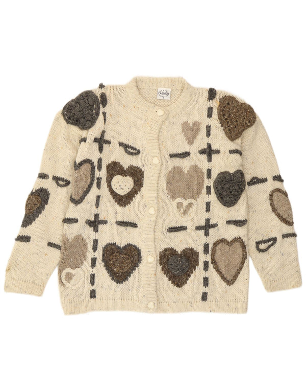 Vintage Womens Novelty Fit Cardigan Sweater UK 10 Small Beige Heart
