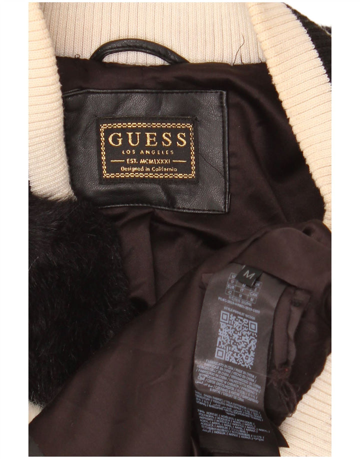 GUESS Womens Faux Fur Bomber Jacket UK 14 Medium Beige Colourblock Acryl