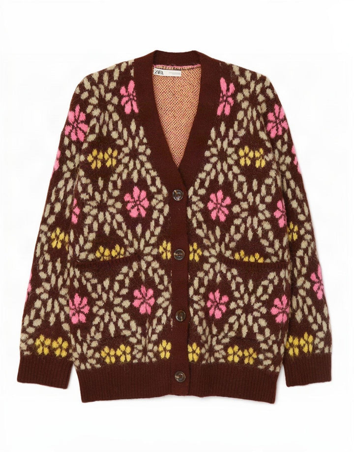 Zara oversized cardigantrøje til kvinder UK 12 Medium Brown Floral Polyester