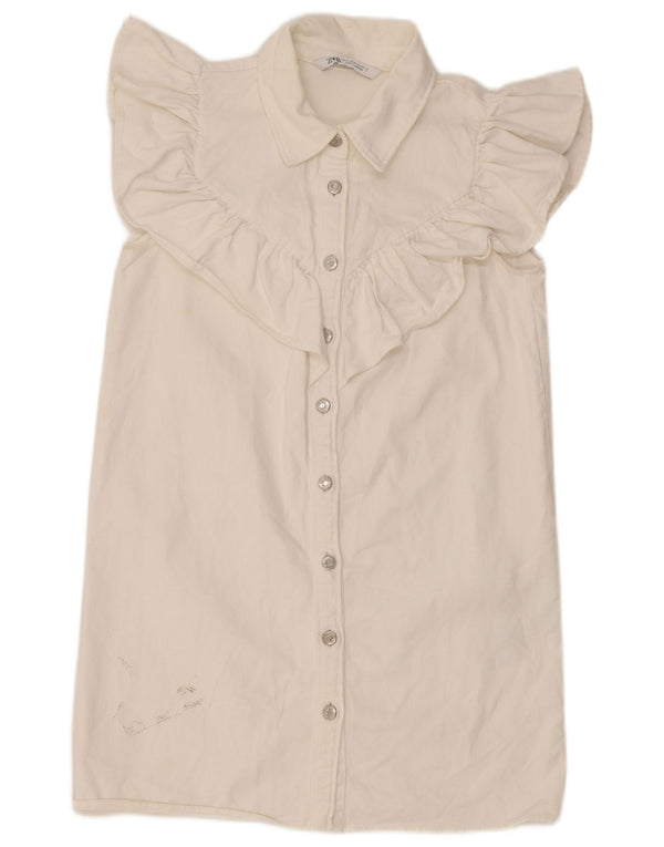 Zara Dame Flæse Front Denim Kjole UK 12 Medium Hvid Bomuld