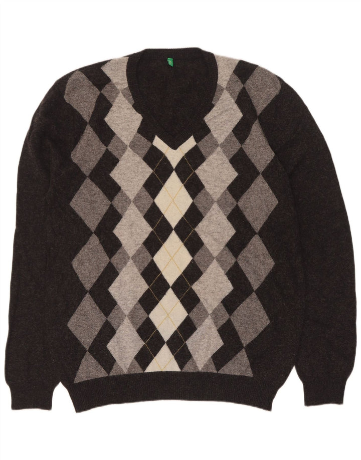 Benetton Herre V-hals sweater XL Grå Argyle/Diamond Wool