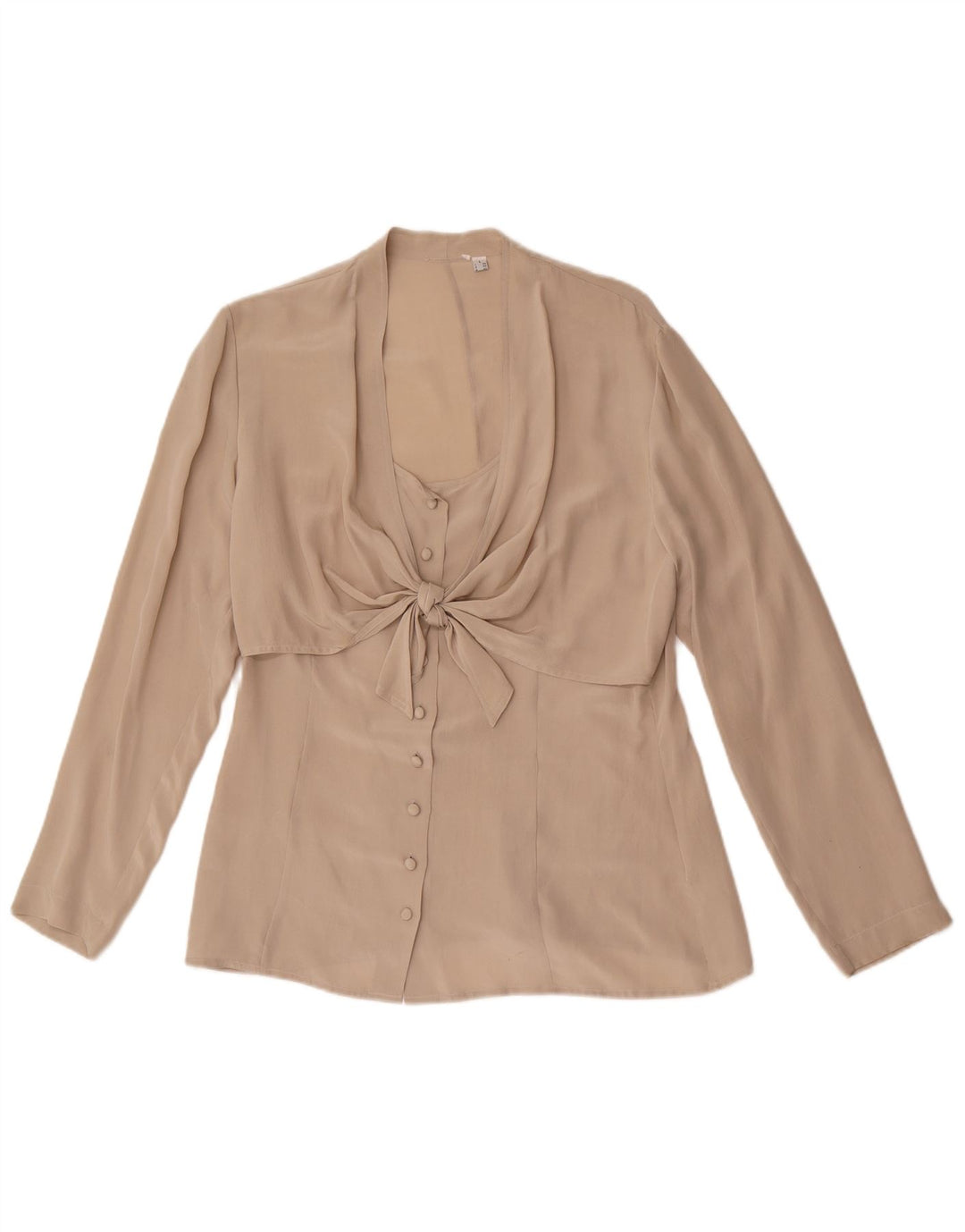Vintage Dame Front Tie Shirt Bluse UK 14 Large Beige Silk