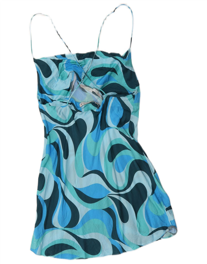Zara kvinders abstrakt mønster solkjole UK 14 Large Blue Colourblock Viscose