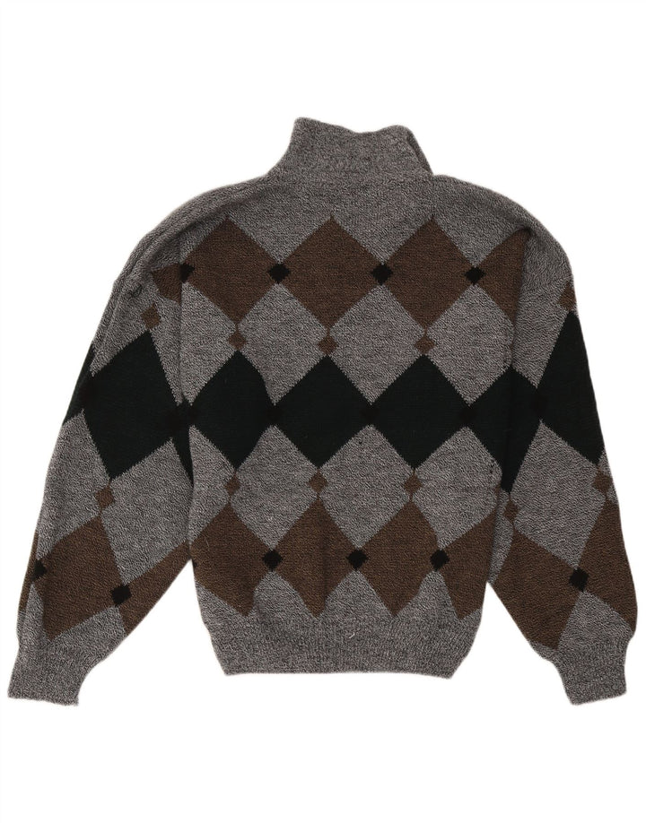 Vintage Herre Polo Neck Jumper Sweater Large Grey Argyle/Diamond