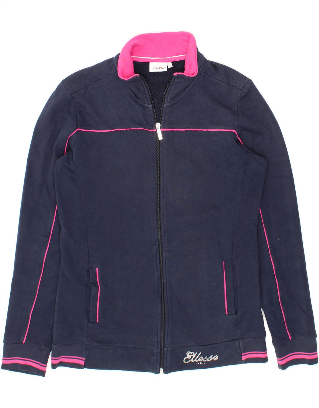 ELLESSE Womens Graphic Tracksuit Top Jacket UK 16 Large Navy Blue Cotton Vintage Ellesse and Second-Hand Ellesse from Messina Hembry 
