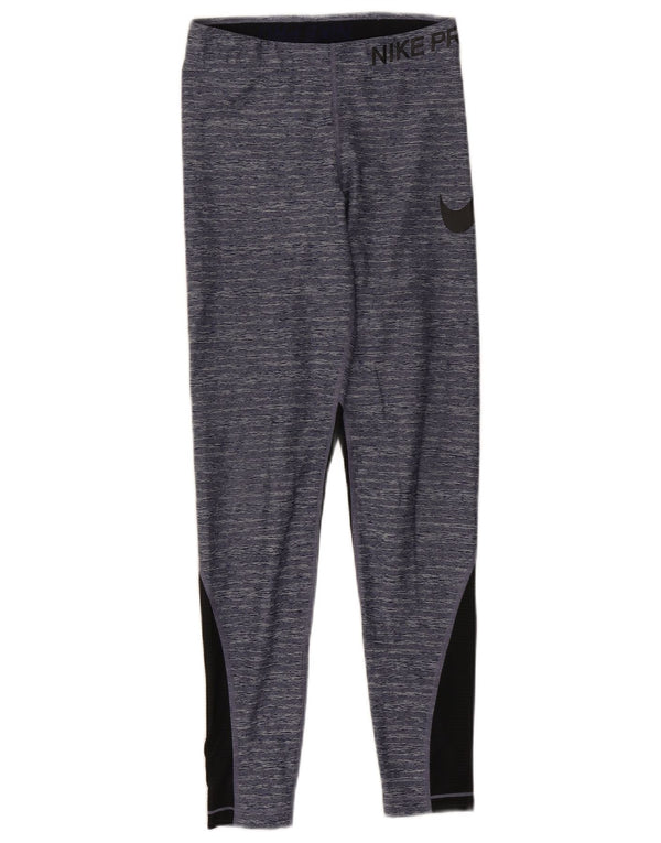 Nike Dame Dri Fit Grafiske Leggings UK 8 Small Navy Blue Colourblock