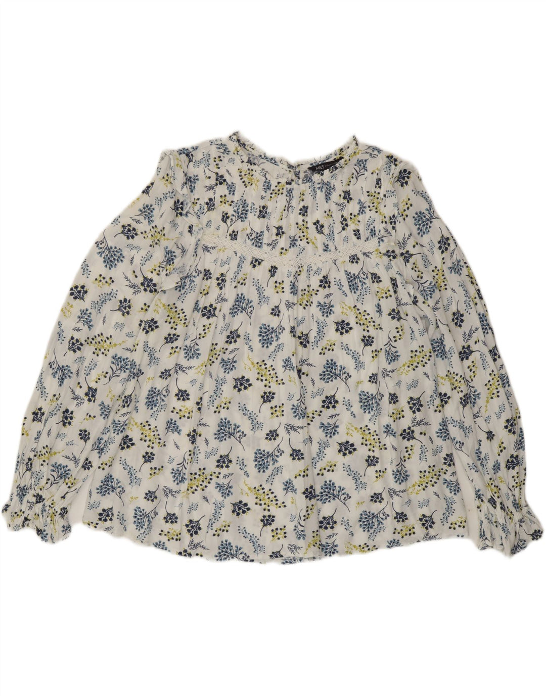 Marks & Spencer Dame Langærmet Bluse Top UK 14 Large White Floral