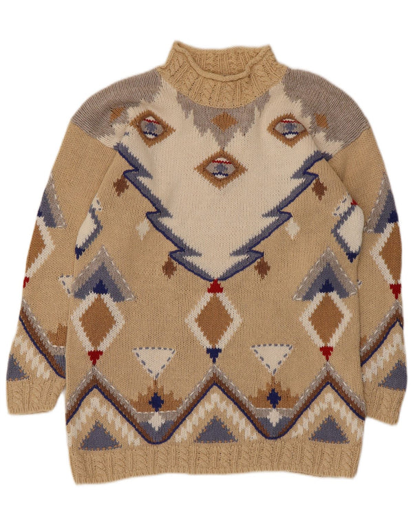 Vintage Dame Turtle Neck Jumper Sweater UK 10/12 Small Beige Geometric