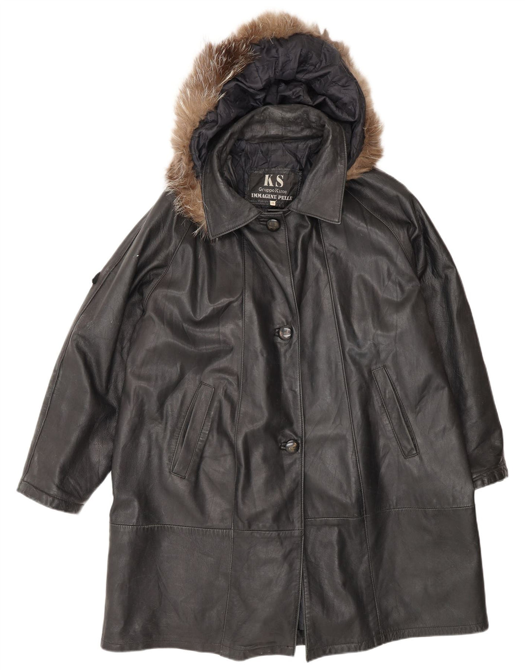 Kiros Dame Hætte Oversized Læderfrakke IT 48 XL Sort