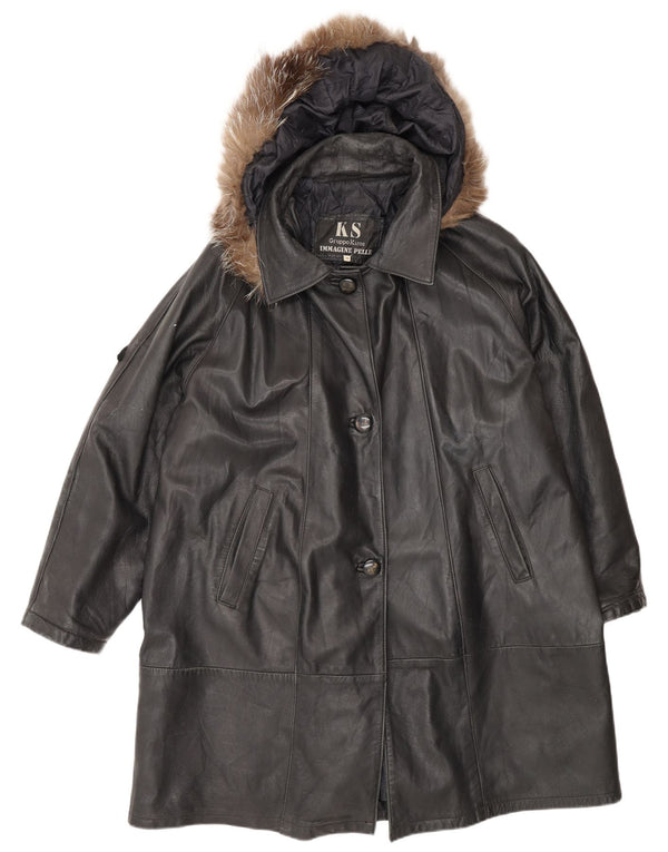 Kiros Dame Hætte Oversized Læderfrakke IT 48 XL Sort