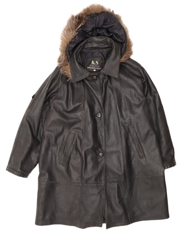 Kiros Dame Hætte Oversized Læderfrakke IT 48 XL Sort