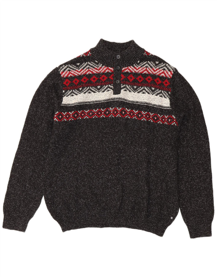 CHAPS Herre Button Neck Jumper Sweater 2XL Grå Fair Isle Bomuld