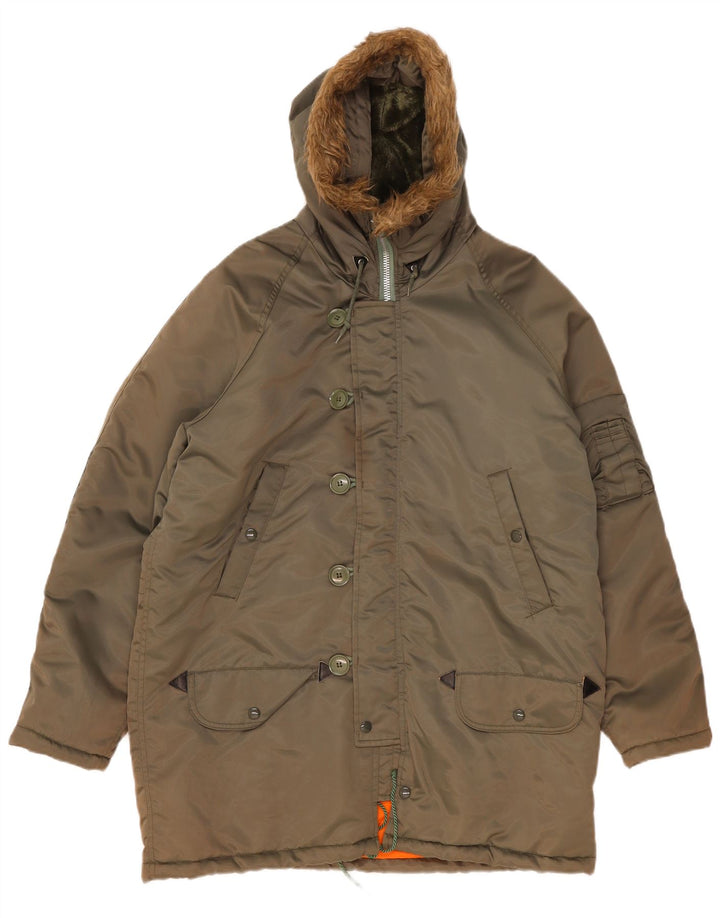 Vintage Parkajakke med hætte til mænd IT 52 XL Khaki Polyamid