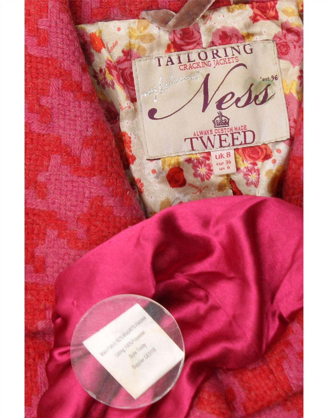 Ness Dame Duffle Coat UK 8 Small Pink Houndstooth Uld