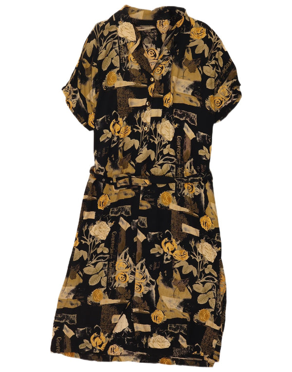 Vintage Dame Maxi Kjole UK 18 XL Sort Blomster