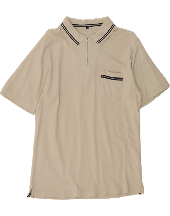 CHAMPION Mens Polo Shirt Large Off White Cotton Vintage Champion and Second-Hand Champion from Messina Hembry 