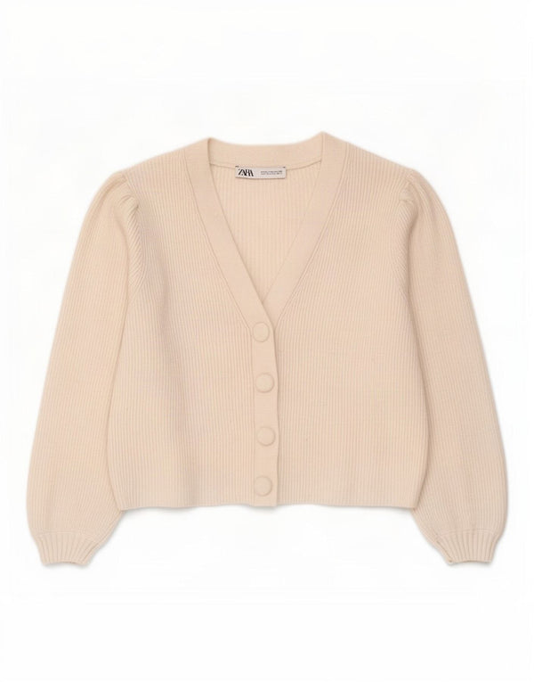Zara Womens Crop Cardigan Sweater UK 12 Medium Off White Viscose