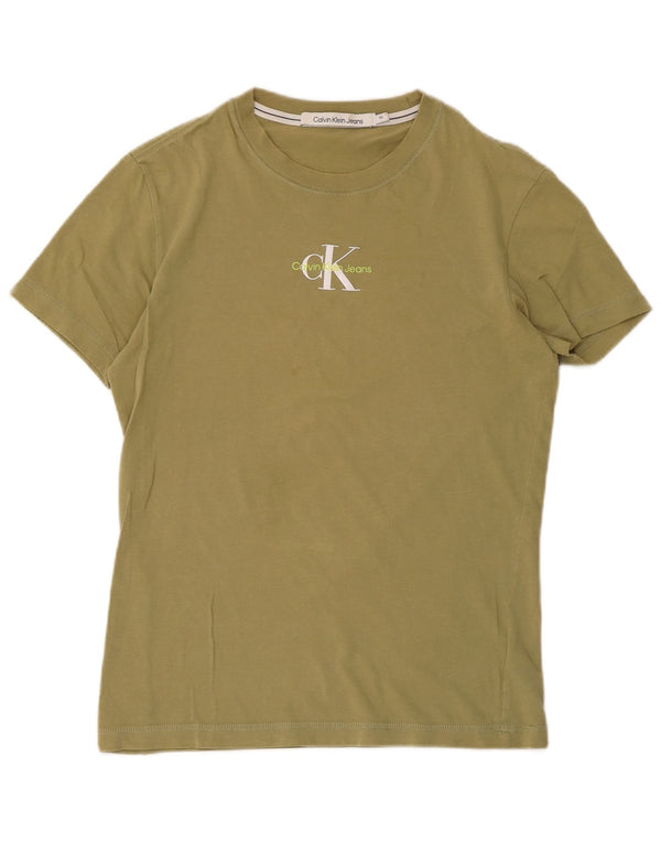 Calvin Klein Jeans Dame Grafisk T-Shirt Top UK 6 XS Khaki Bomuld