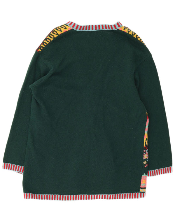 Benetton Womens Oversized Cardigan Sweater UK 10 Small Green Fair Isle Wool