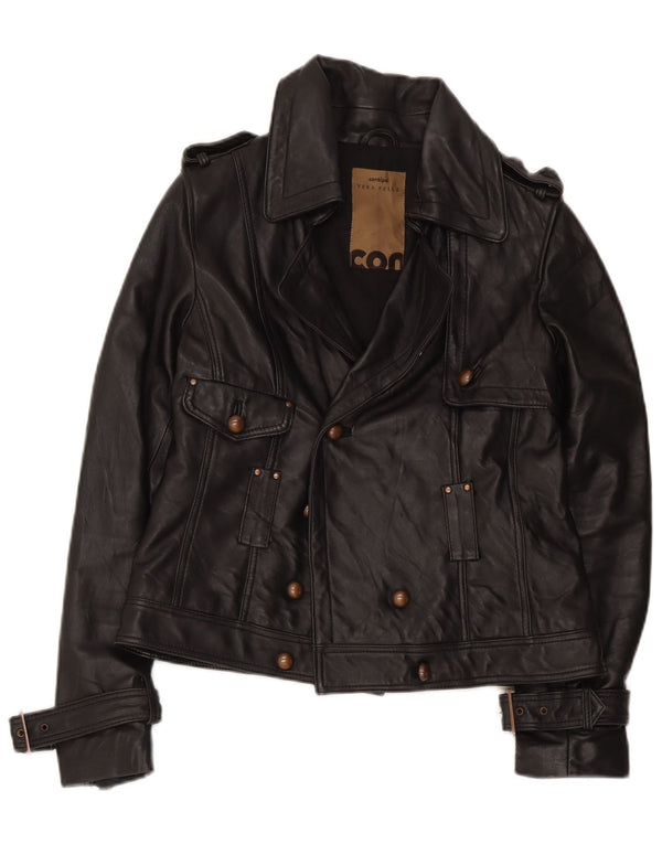 Conbipel Womens Double Breasted Leather Jacket UK 12 Medium Black Leather