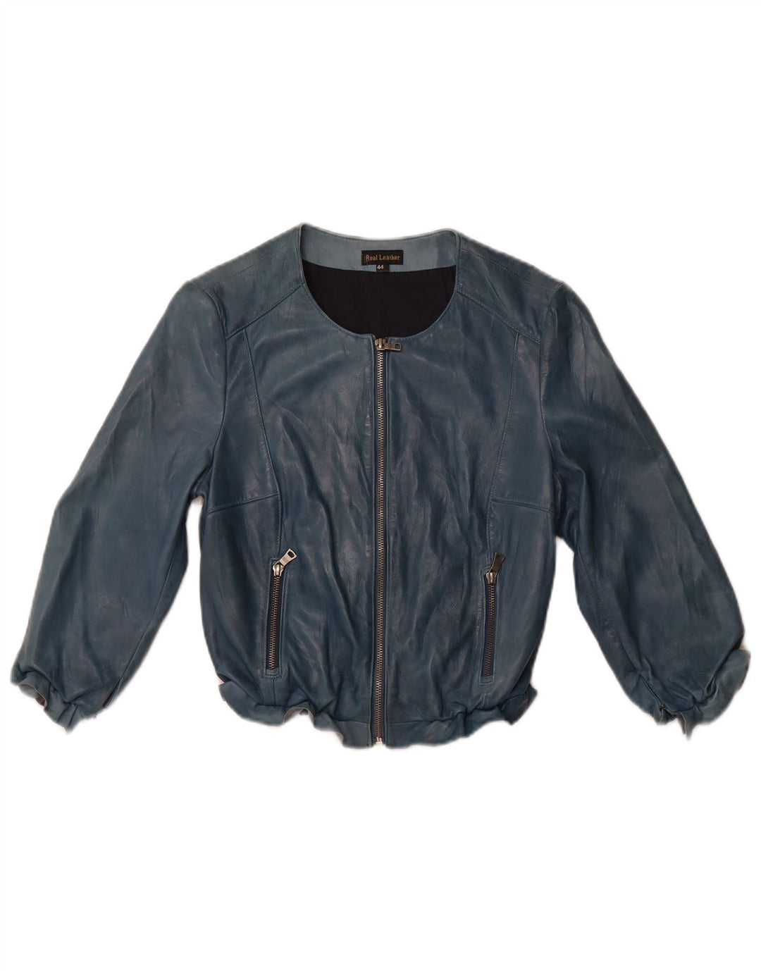 VINTAGE Dame Crop 3/4-ærmet læderjakke IT 44 Medium Blue Læder