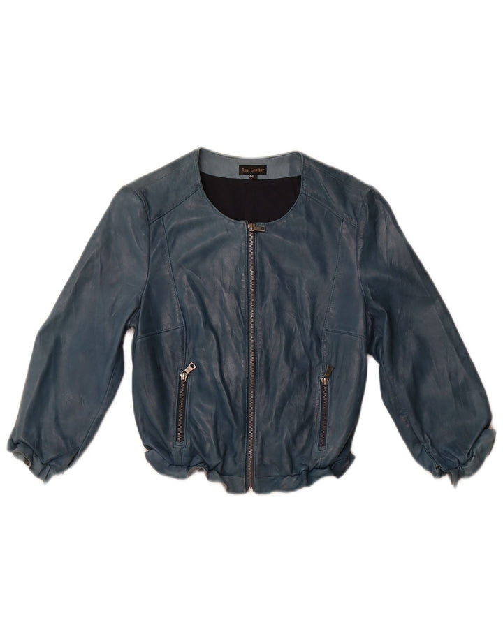 VINTAGE Dame Crop 3/4-ærmet læderjakke IT 44 Medium Blue Læder