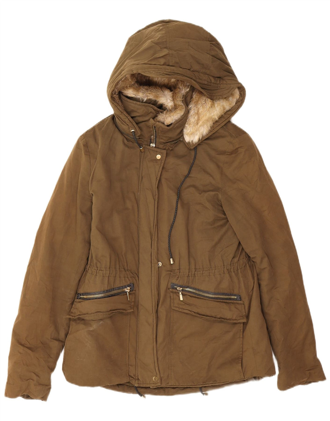 Zara Dame Trafaluc Sherpa Oversized Parka Jacket UK 10 Small Khaki