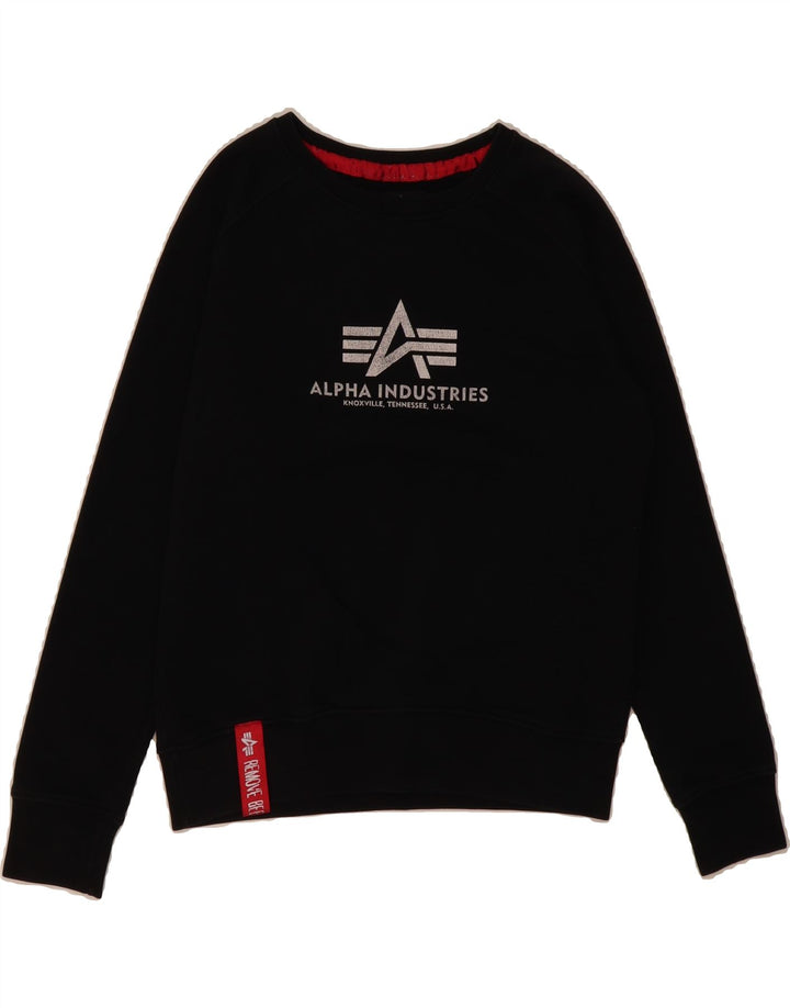 ALPHA INDUSTRIES Womens Graphic Sweatshirt Jumper UK 10 Small Black Vintage Alpha Industries and Second-Hand Alpha Industries from Messina Hembry 