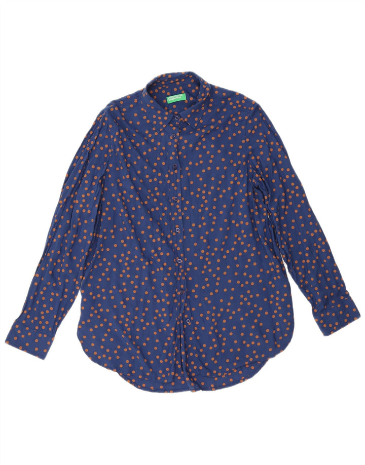 BENETTON Womens Tall Shirt UK 16 Large Blue Polka Dot Modal