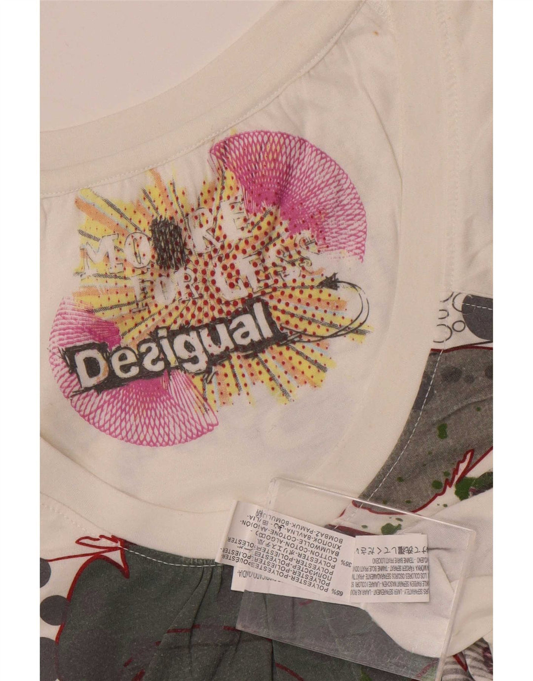 Desigual Dame Grafisk T-Shirt Top UK 12 Medium White Polyester