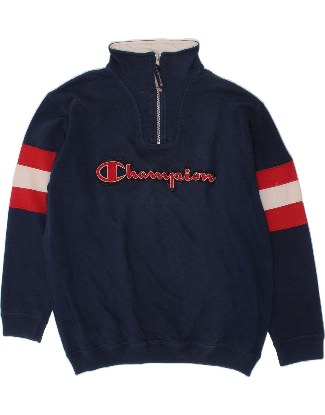 CHAMPION Boys Graphic Sweatshirt Jumper 11-12 Years Navy Blue Striped Vintage Champion and Second-Hand Champion from Messina Hembry 