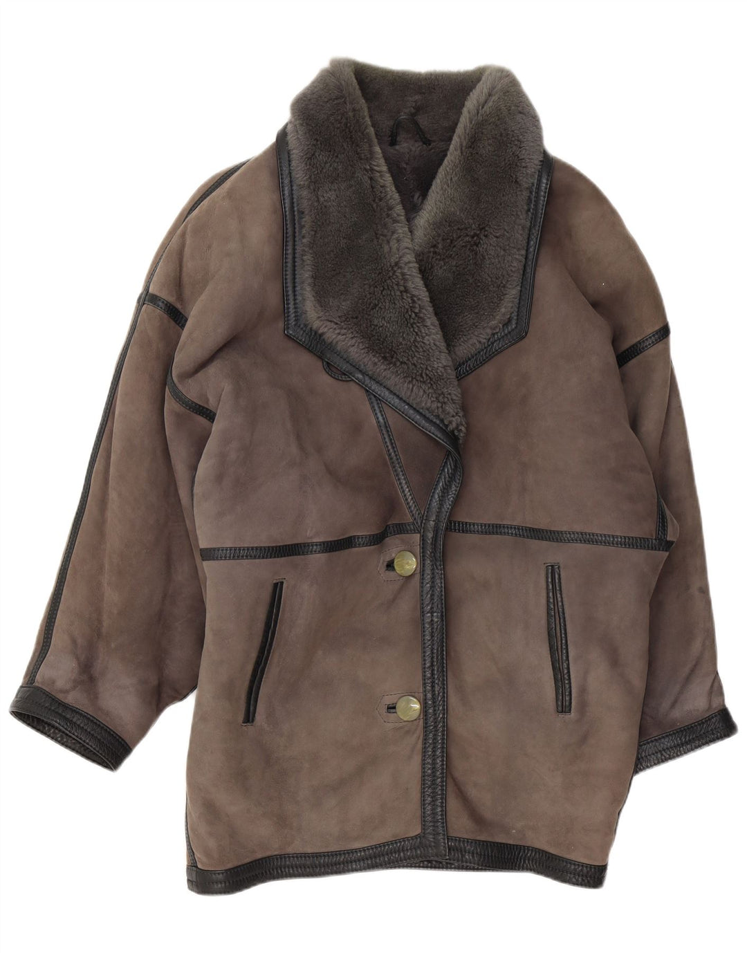 Vintage Dame Oversized Shearling Coat UK 20 2XL Grå Læder