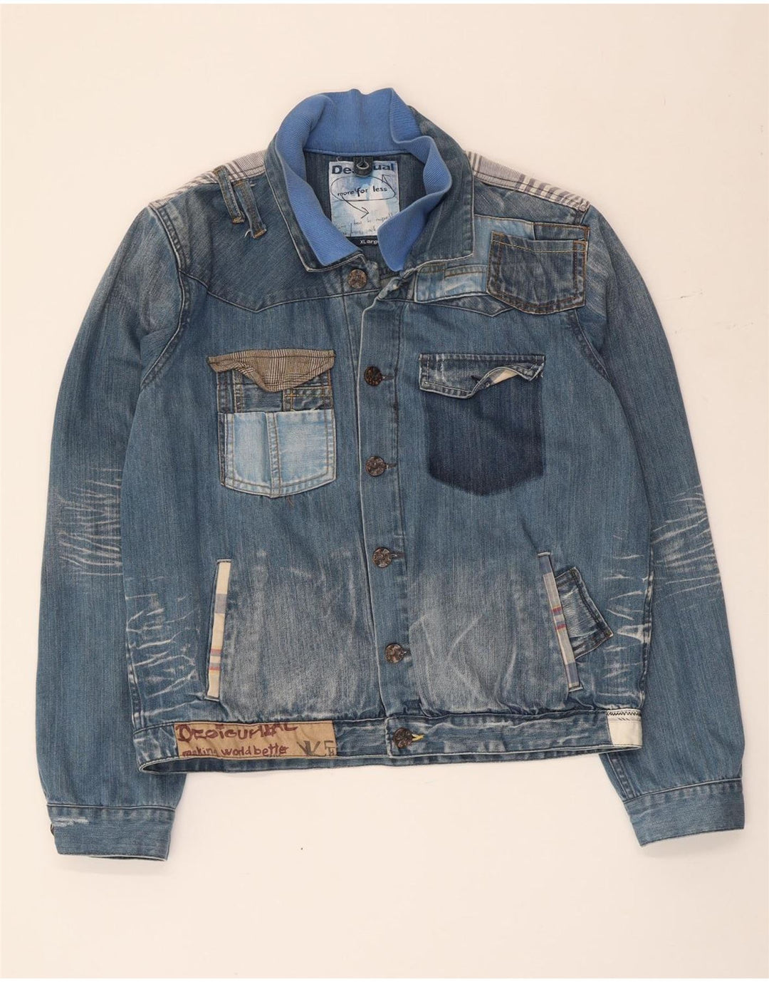 Desigual Herre grafisk denimjakke UK 42 XL Blå Patchwork Bomuld