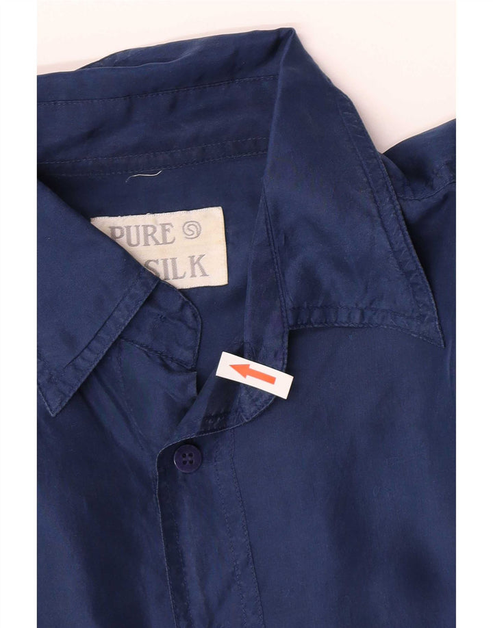 Vintage kortærmet herreskjorte medium marineblå silke