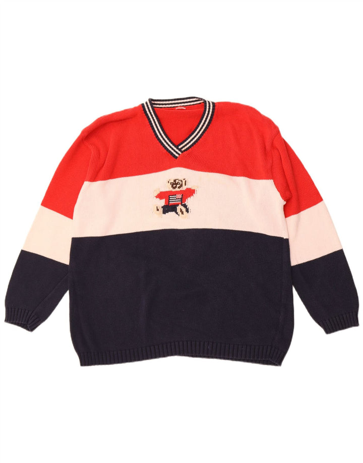 Vintage Herre grafisk V-hals sweater Stor flerfarvet Colourblock