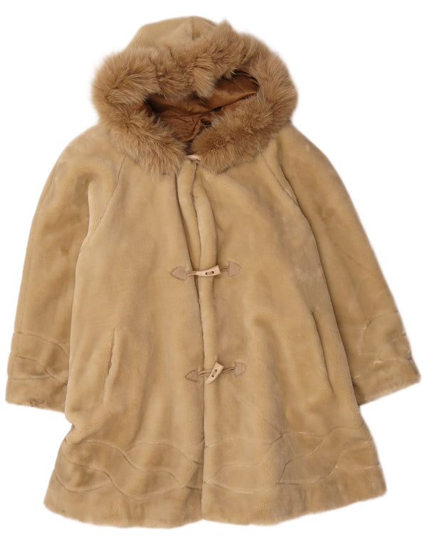 Vintage Dame Oversized Hætte i imiteret Pels Duffel Coat UK 14 Medium Beige