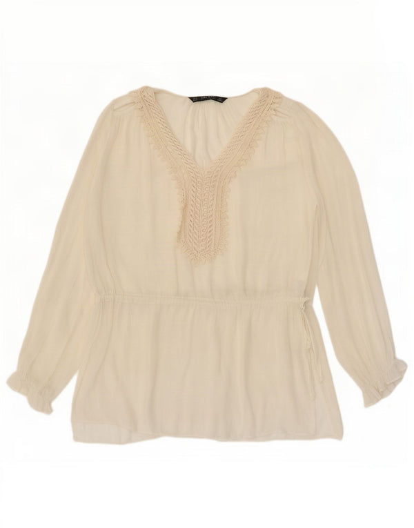 Zara Dame Langærmet Bluse Top UK 10 Small Off White Polyester