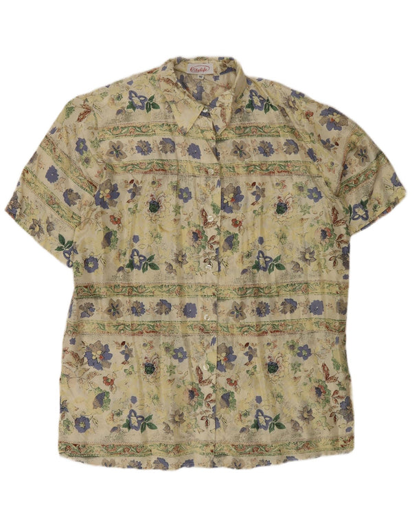 Vintage kvinders kortærmet skjortebluse EU 40 Medium Green Floral Silke