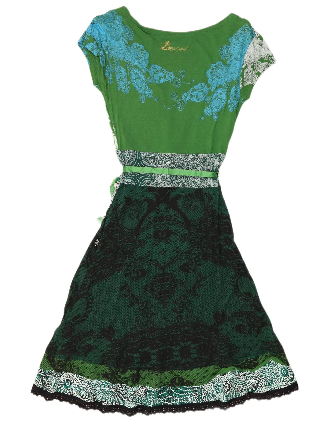 DESIGUAL Dame A-Line Kjole UK 12 Medium Green Paisley Viscose