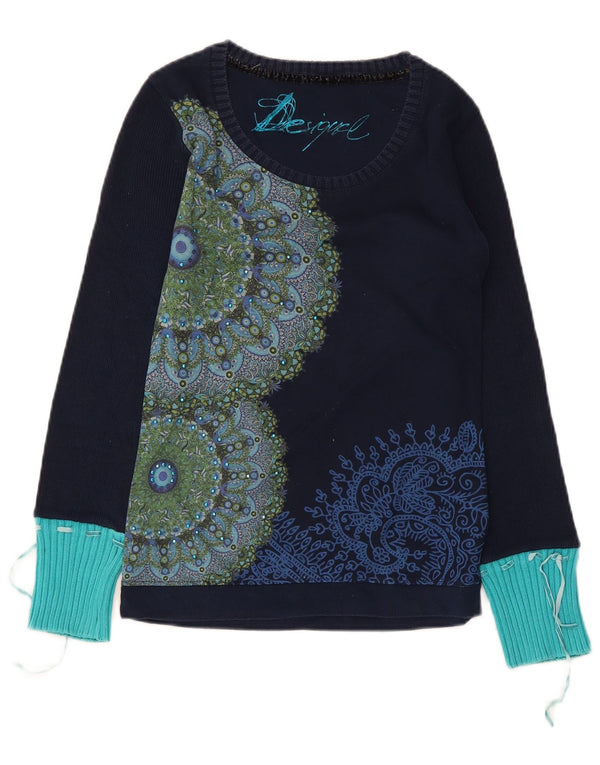 Desigual Dame Grafisk Top Langærmet UK 10 Small Navy Blue Floral Bomuld