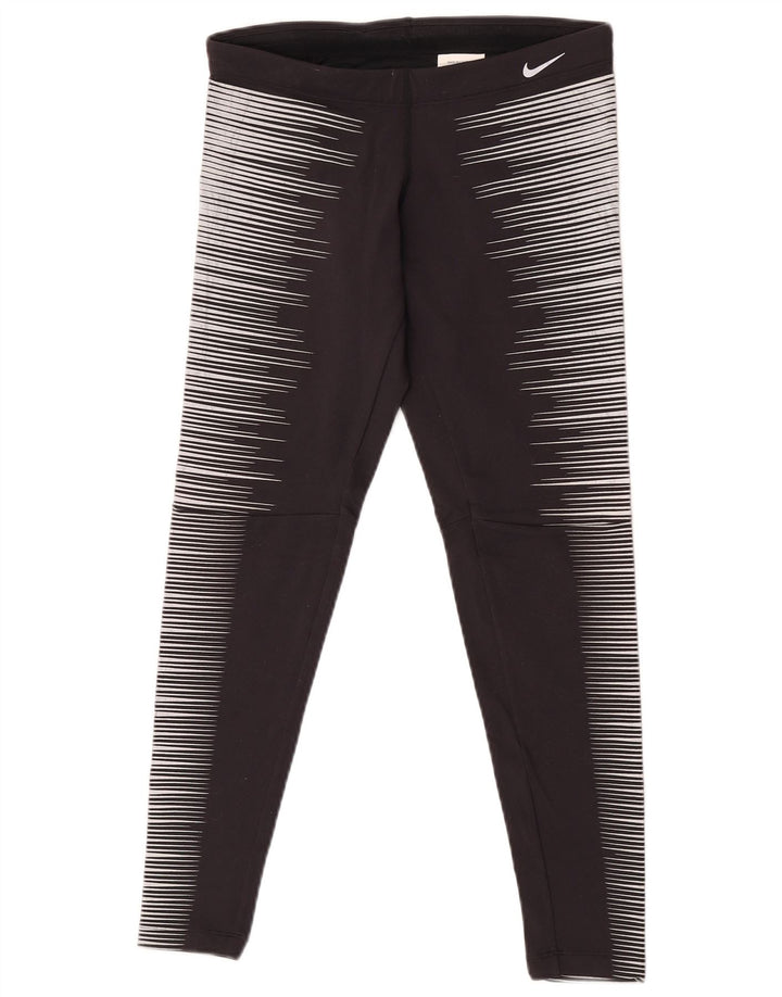 Nike Dame Dri Fit Leggings UK 12 Medium Sort Stribet Nylon