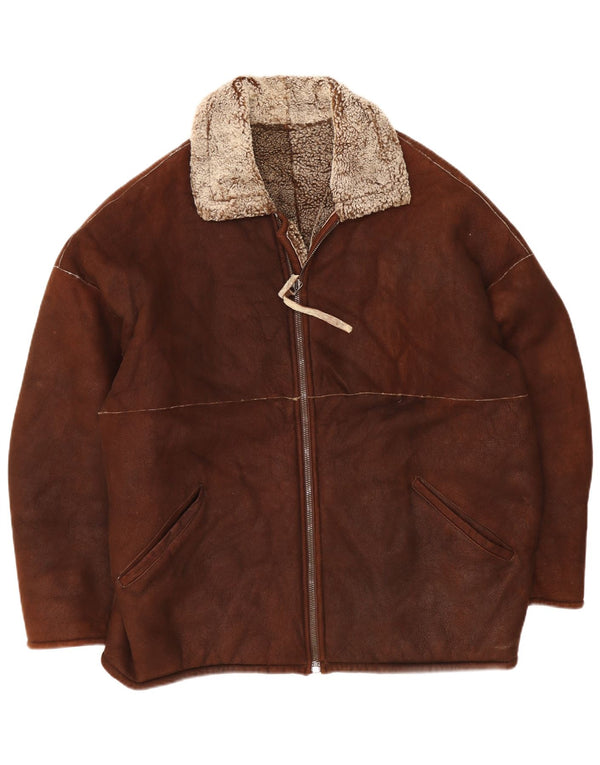 Vintage Mens Loose Fit Sherpa Leather Jacket UK 42 XL Brown
