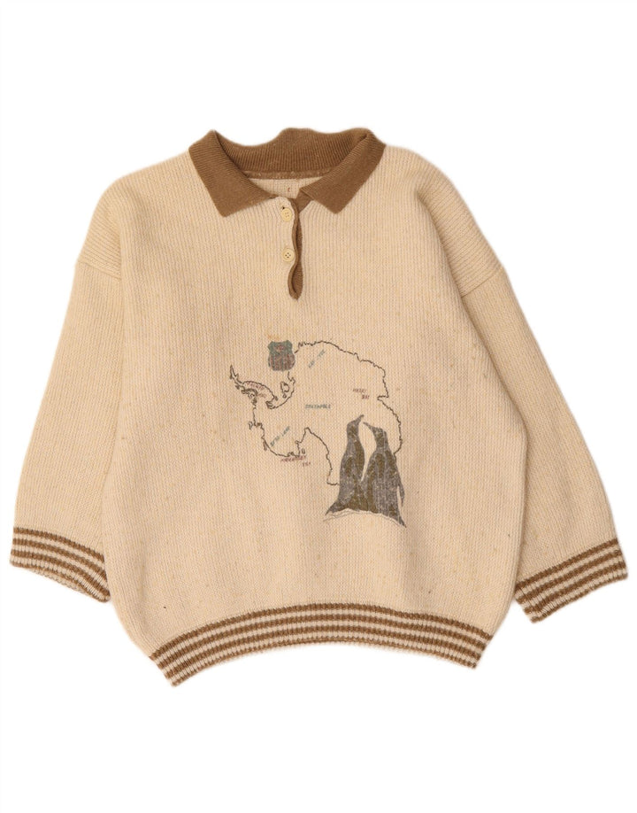 VINTAGE Dame Grafisk Polo Neck Jumper Sweater UK 16 Large Off White